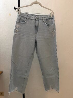 Zara Light Blue Straight Leg Jeans with Distressed Details